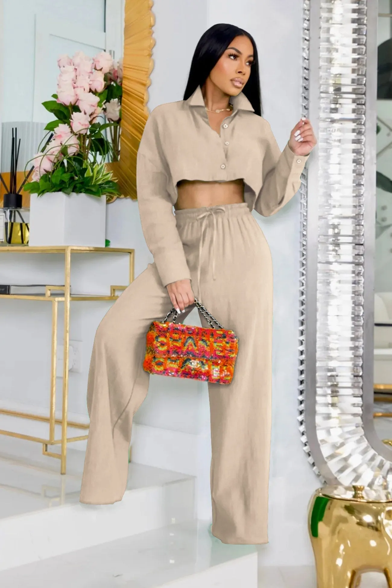 Solid Crop Shirt Wide Leg Long Pants Suits