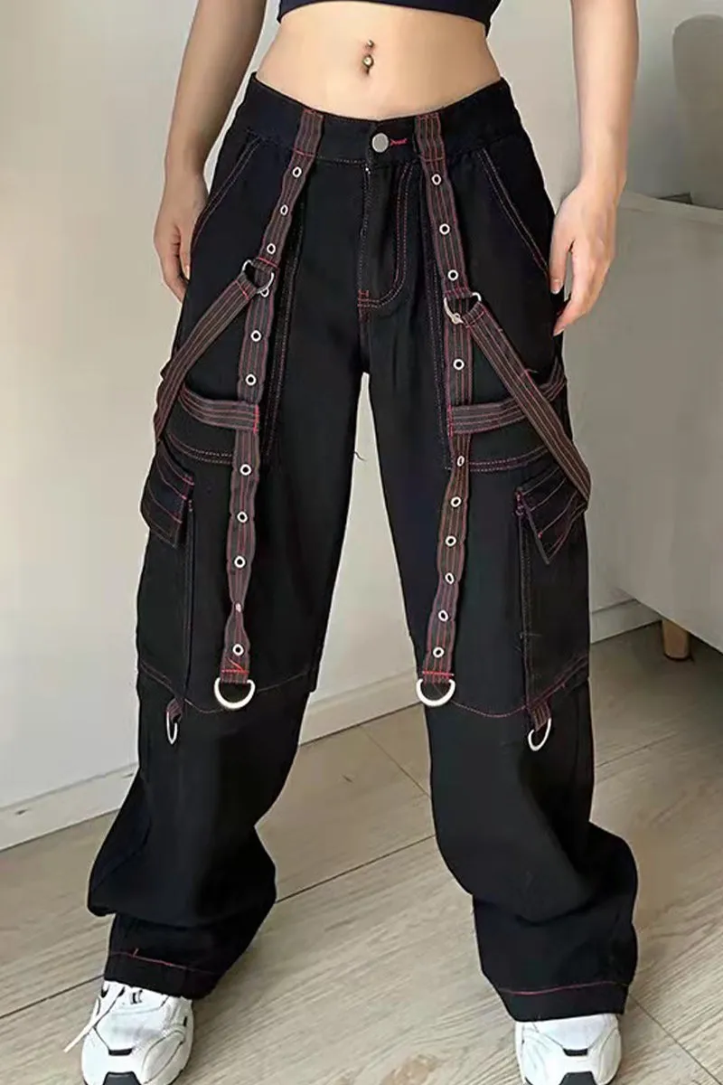 Street Punk Solid Patchwork Strap Design Low Waist Loose Denim Jeans