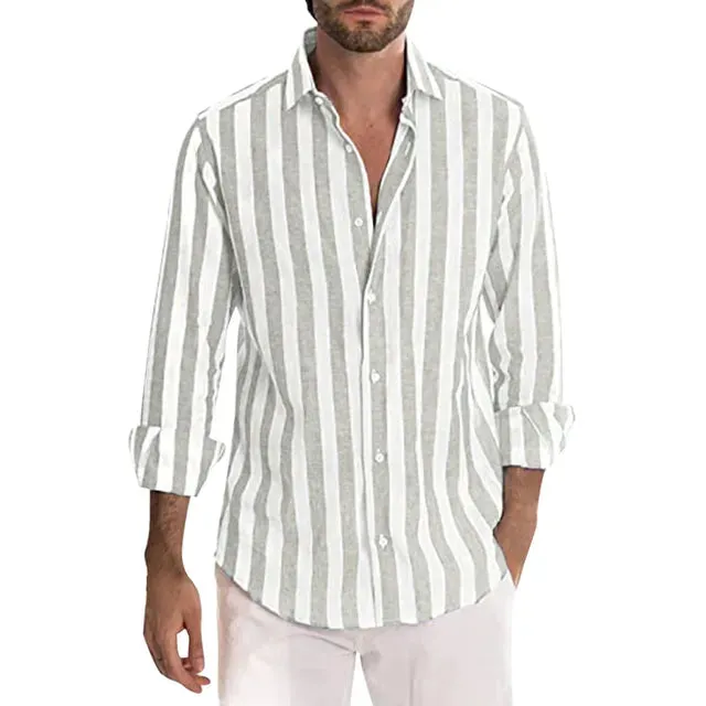 Summer Men's Linen Stripe Print Long Sleeve Shirt