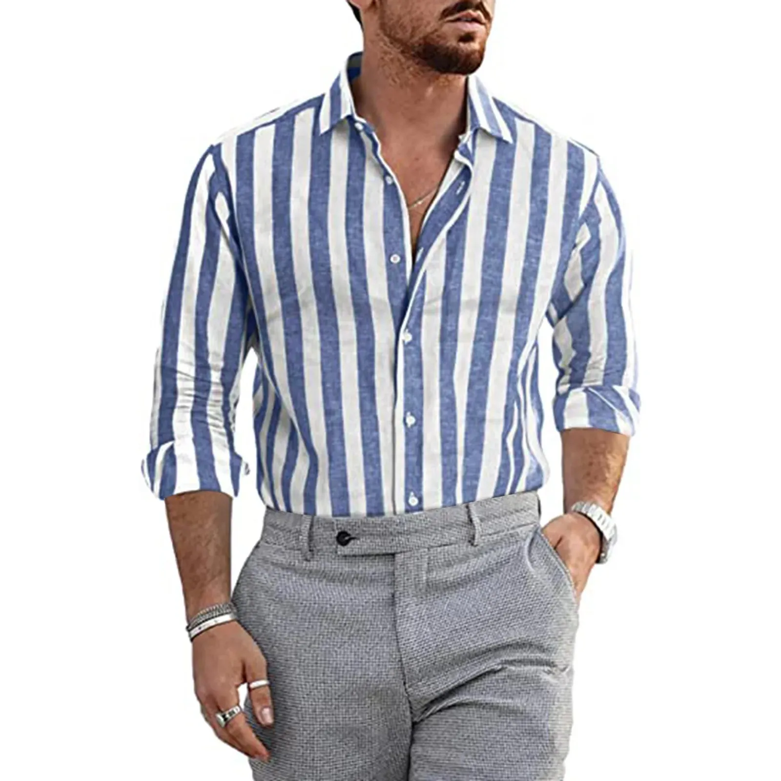 Summer Men's Linen Stripe Print Long Sleeve Shirt