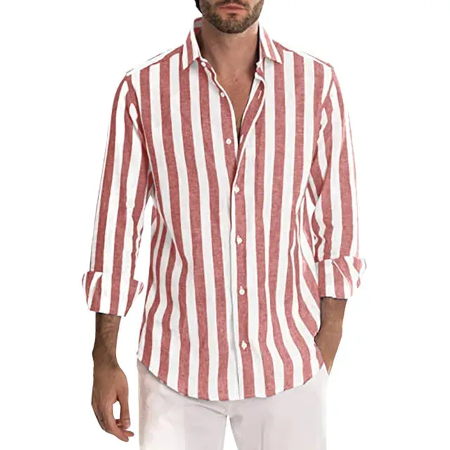 Summer Men's Linen Stripe Print Long Sleeve Shirt