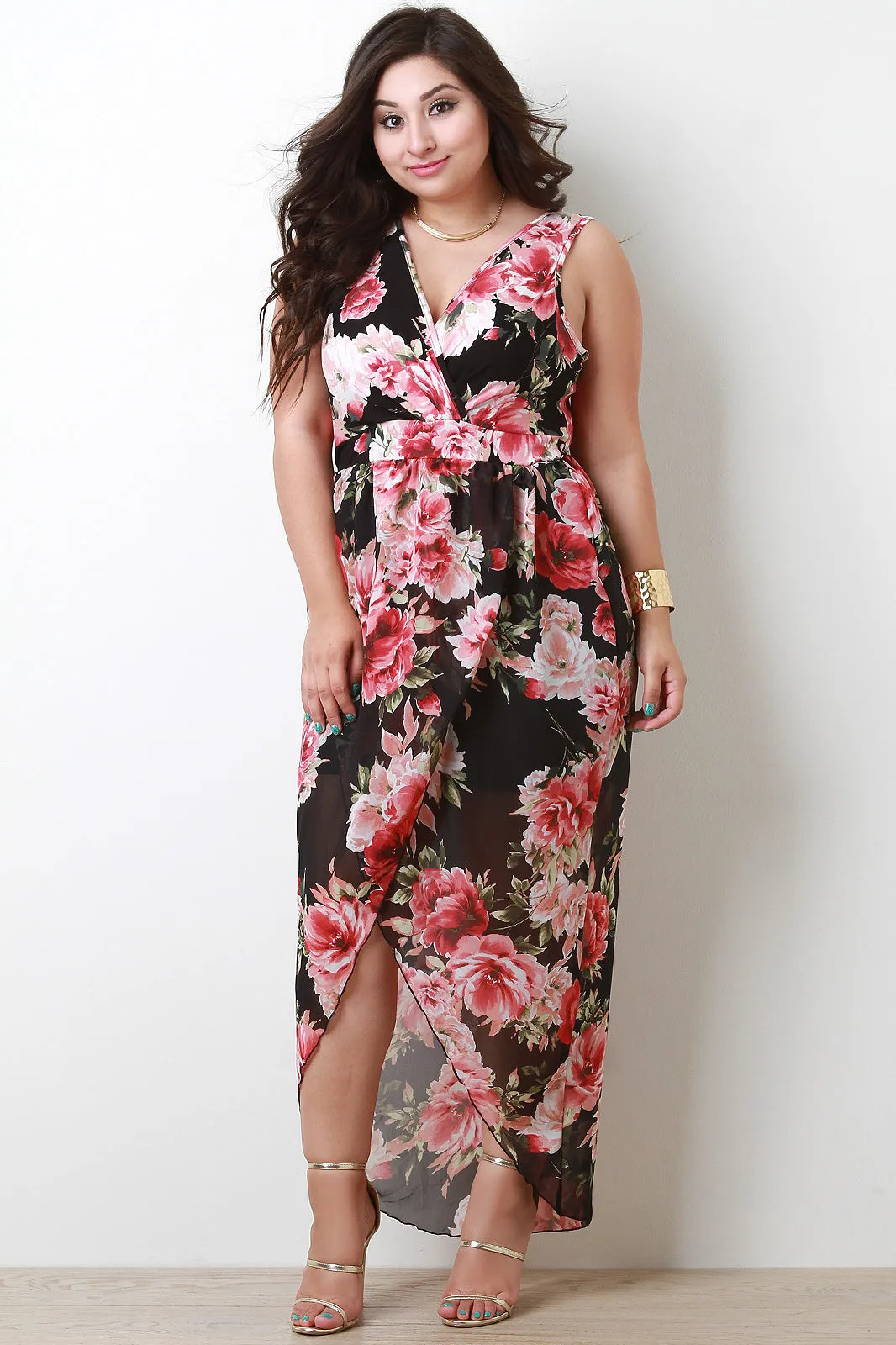 Surplice Floral Chiffon Maxi Dress