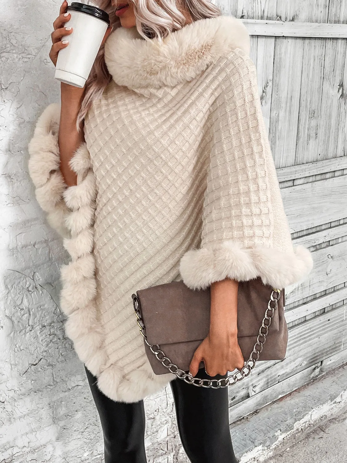 TastyHottie - Faux Fur Trim Fashion Poncho Sweater