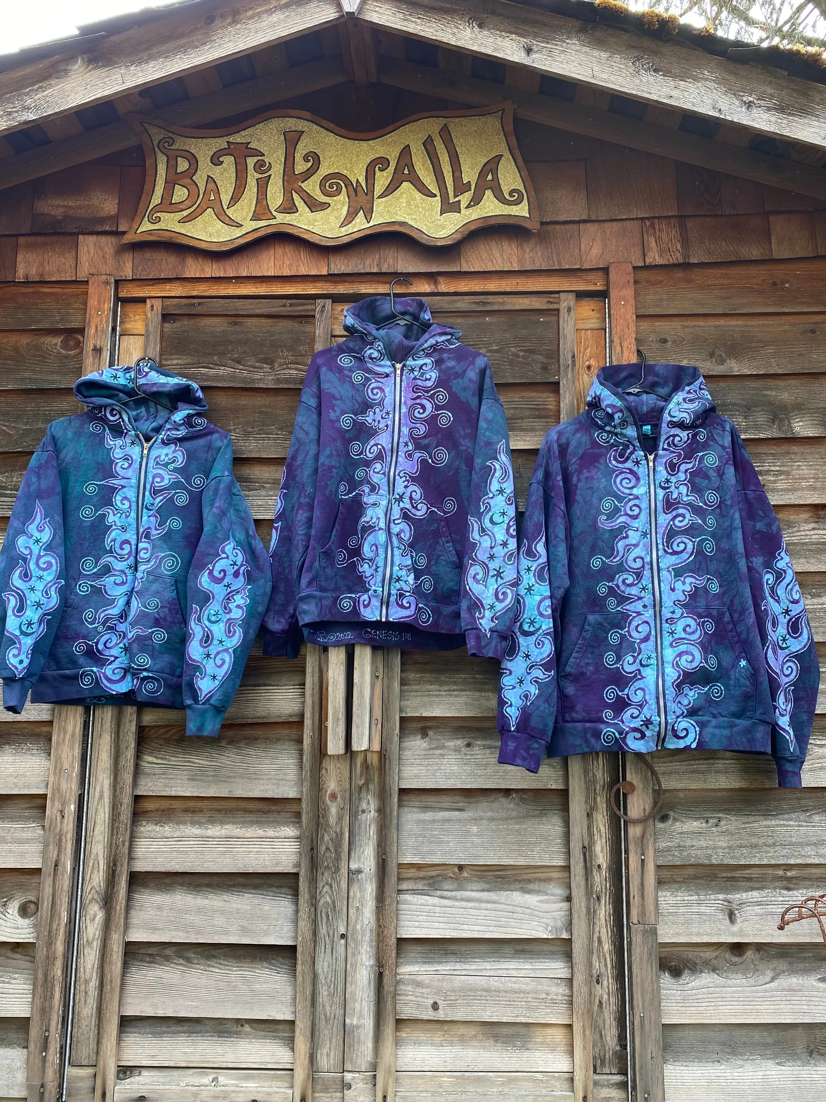 Teal and Purple Tuxedo Swirls with Stars Handcrafted Batik Zipper Hoodie - Size 2X