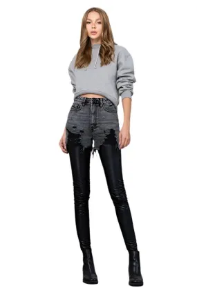 TEEK - BLACK HIGH RISE LEATHER COMBO DENIM PANTS