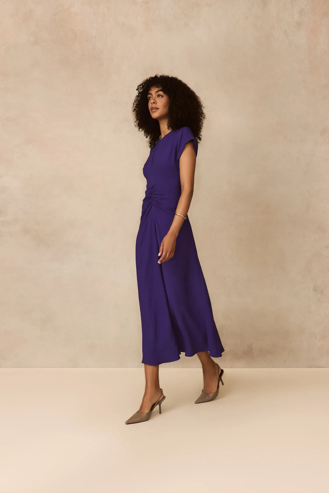 Textured Fluid Crepe Shirred Dress