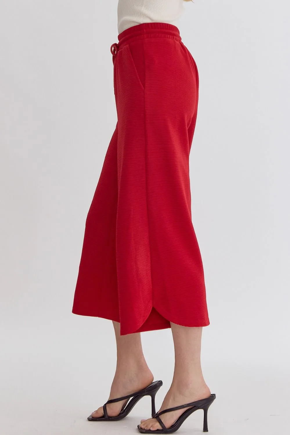 Textured High Waisted Wide Leg Pants With Ruffle Sleeve Top Set