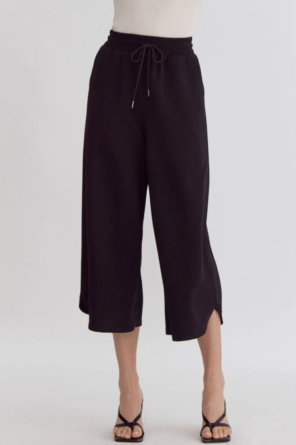 Textured High Waisted Wide Leg Pants With Ruffle Sleeve Top Set