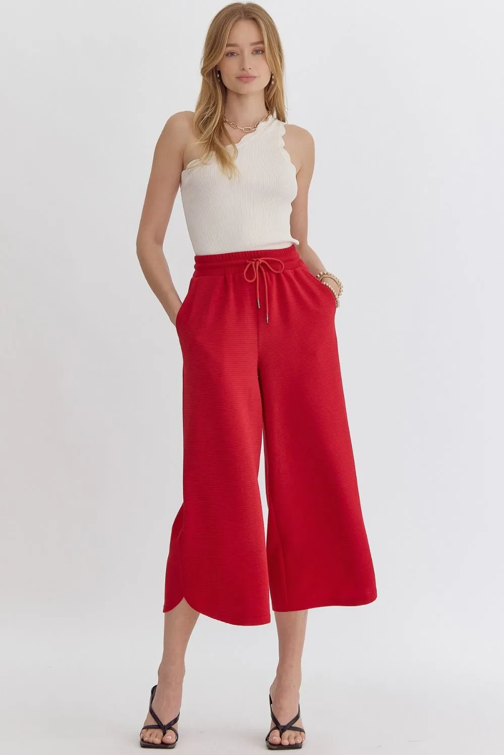 Textured High Waisted Wide Leg Pants With Ruffle Sleeve Top Set