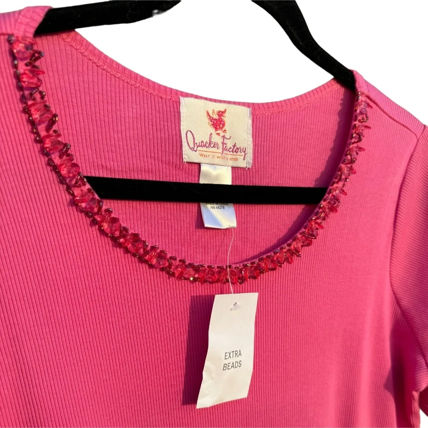 The Quacker Factory Beaded Collar Short Sleeve Hot Pink Women's Shirt Blouse Top