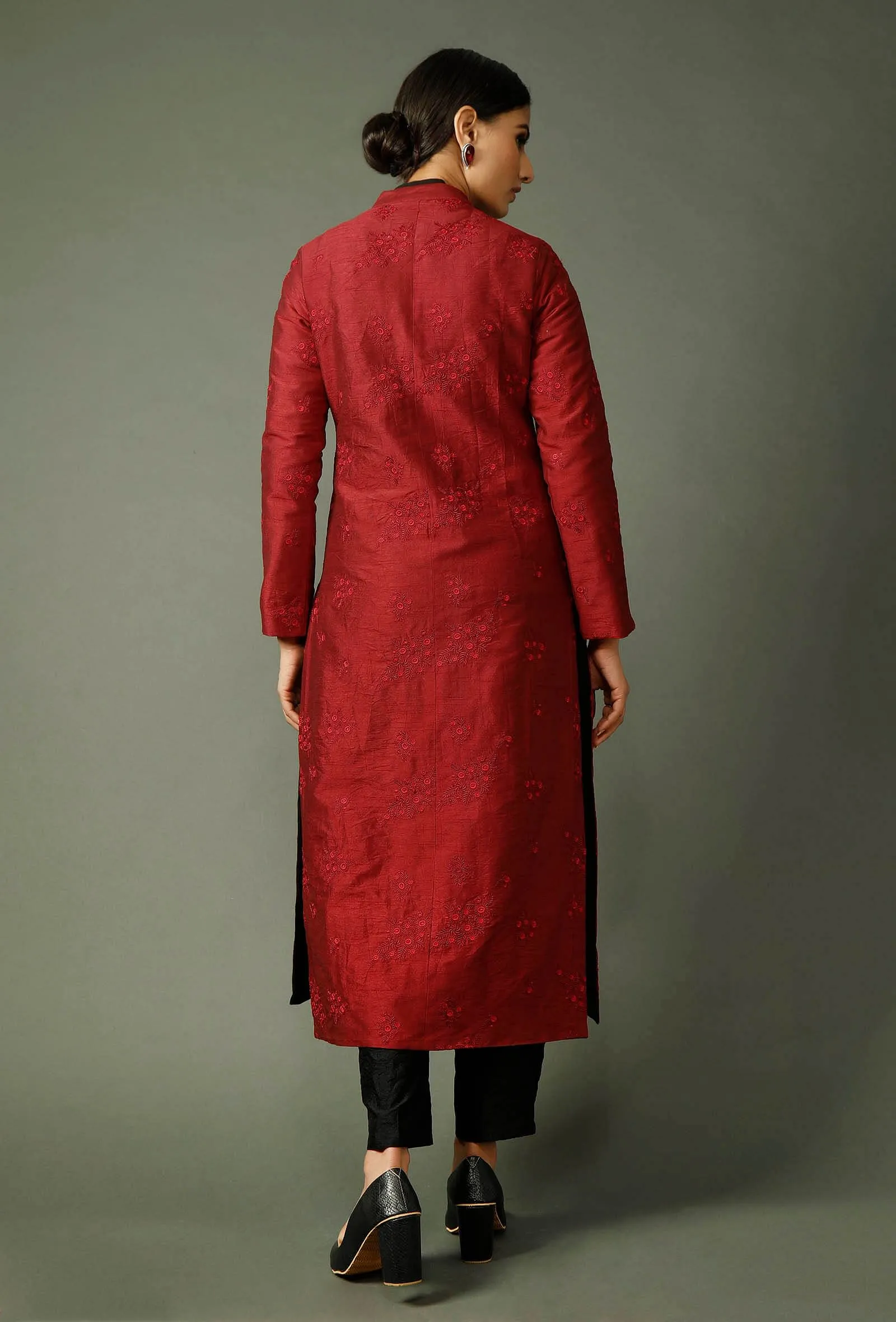 Thread Embroidered Maroon Raw Silk Jacket