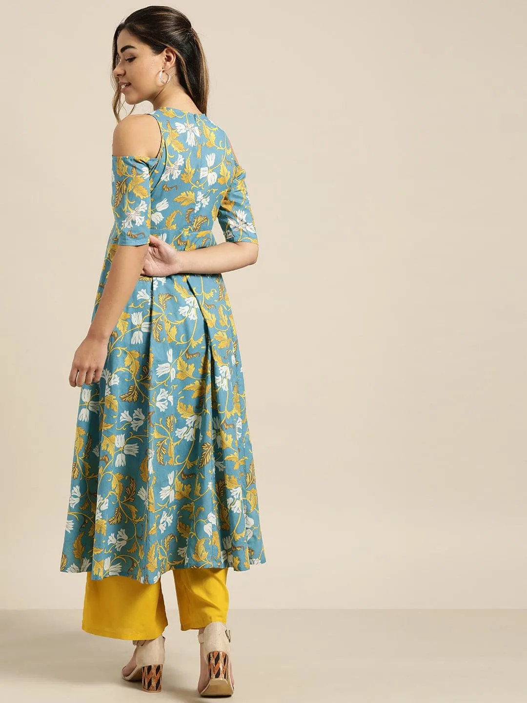 Turquoise Floral Cold Shoulder Midi Kurta