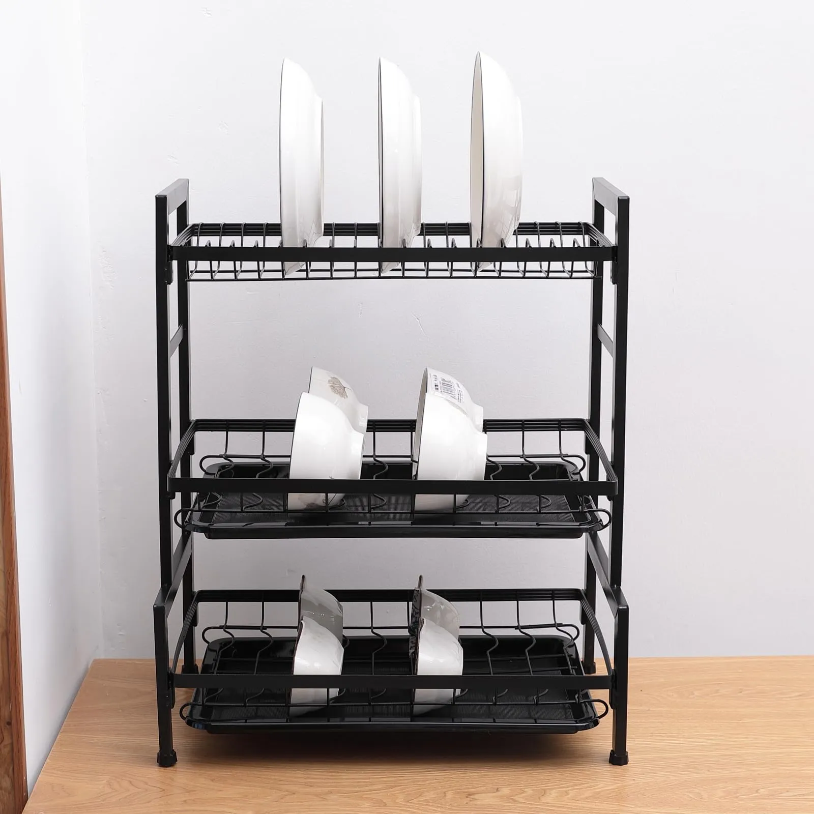 UMAI Free Mounting Dish Rack 3-Layer | Kitchen Utensil Organizer with Drain Pan | Multi-Purpose Storage | Strong and Durable Stainless Steel Construction | Space Saving Design (Black)