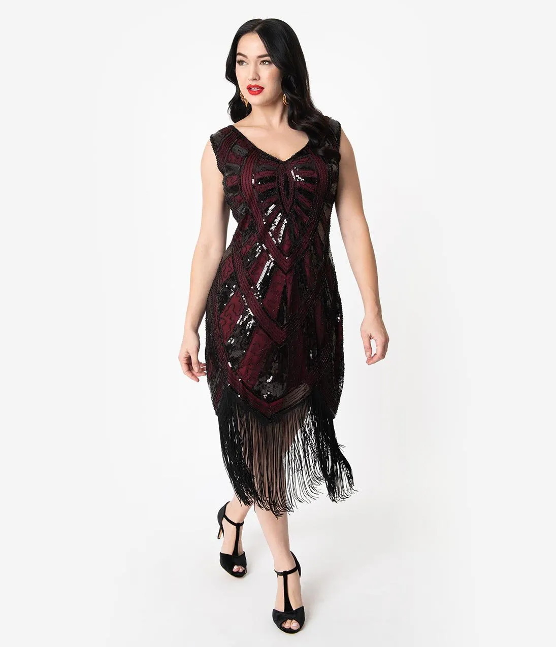 Unique Vintage 1920s Burgundy & Black Beaded Fringe Magdeleine Flapper Dress