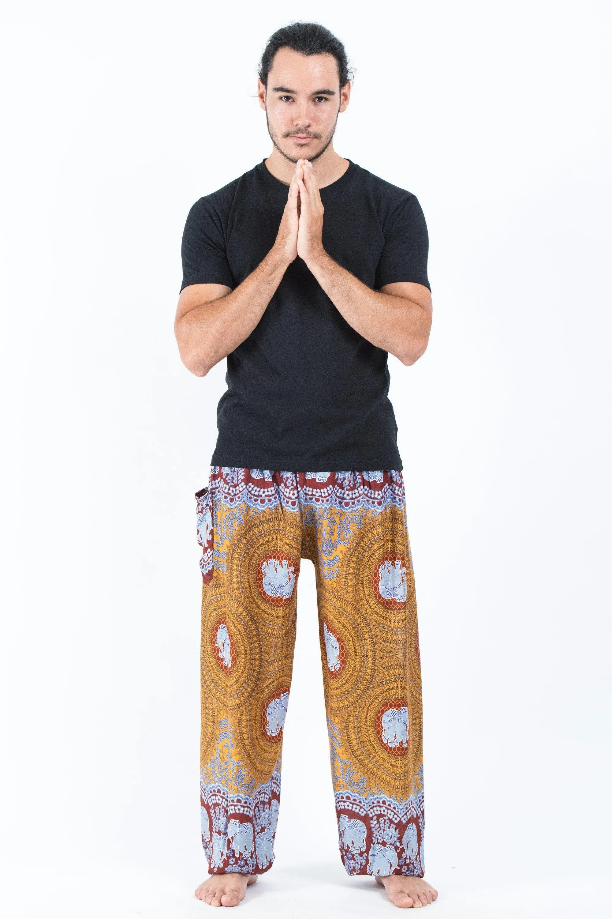 Unisex Mandala Elephants Harem Pants in Bronze