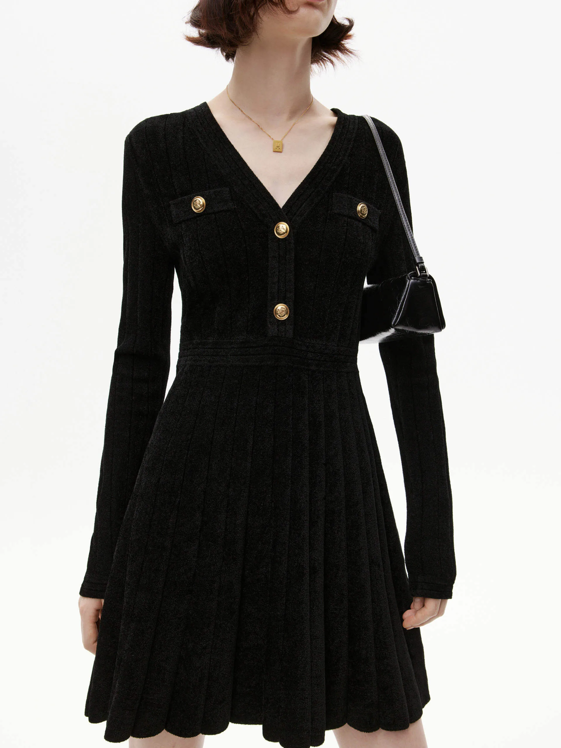 V-neckline Pleated Dress