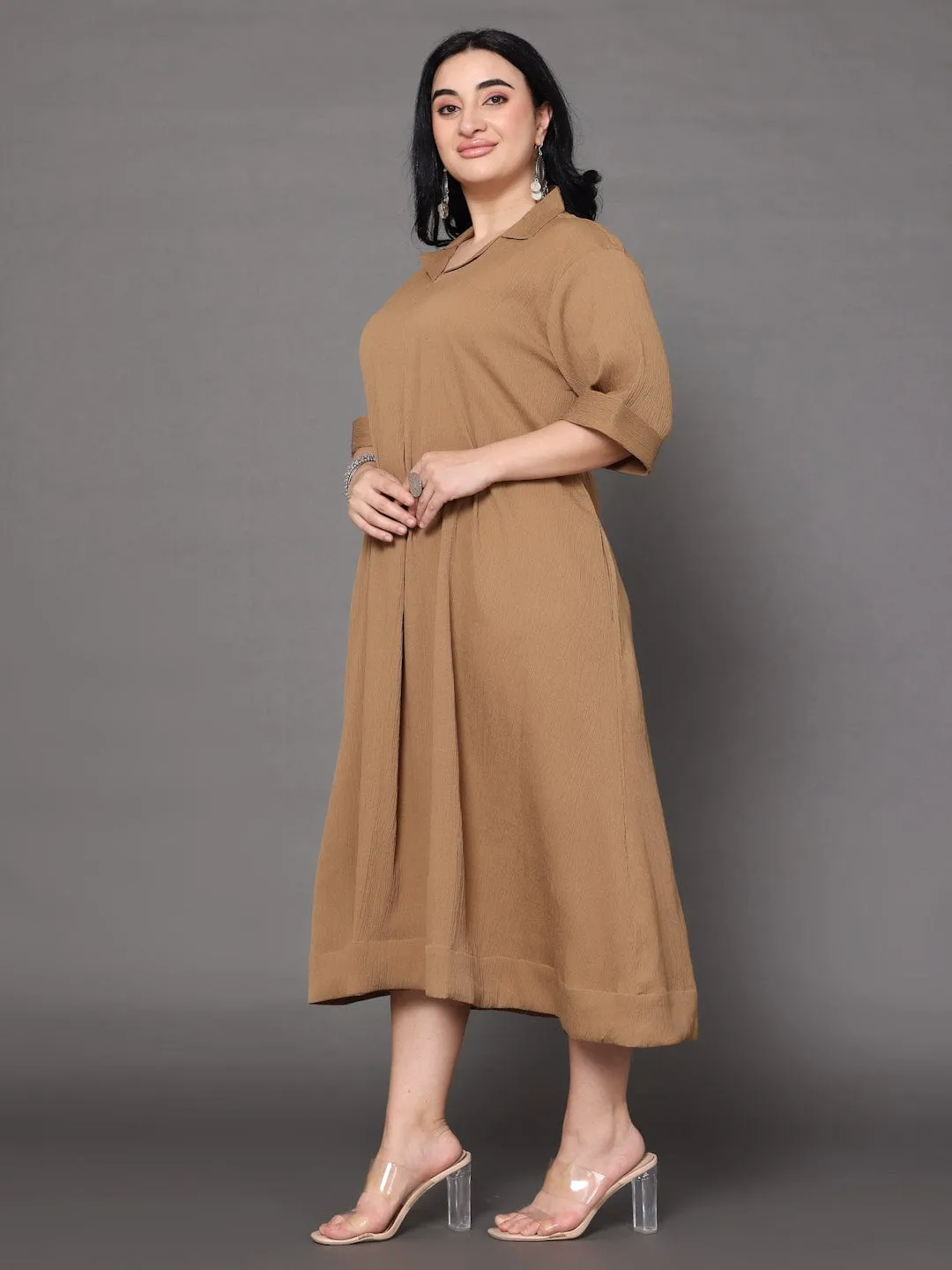 Varanga Women Plus Size Beige Shirt Collar A Line Dress