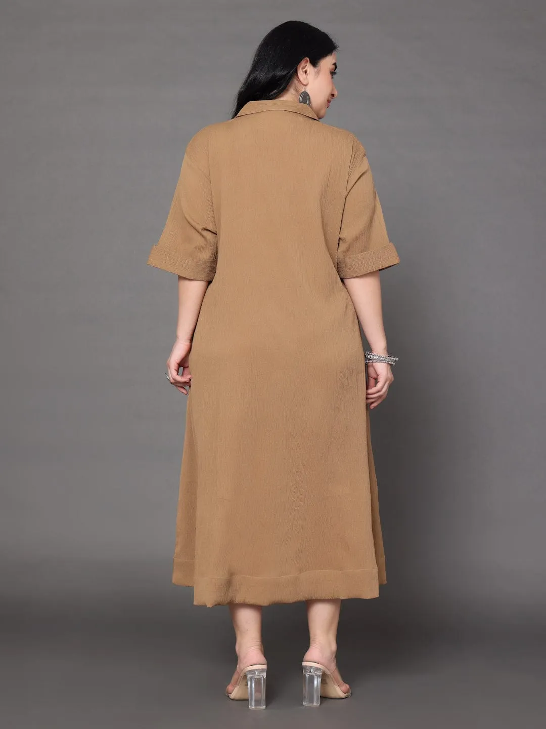 Varanga Women Plus Size Beige Shirt Collar A Line Dress