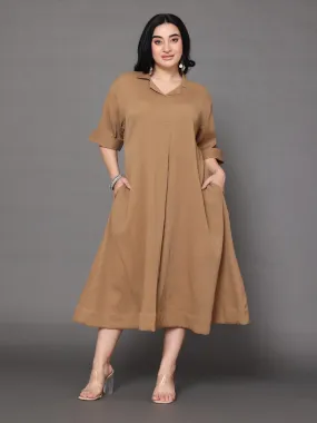 Varanga Women Plus Size Beige Shirt Collar A Line Dress