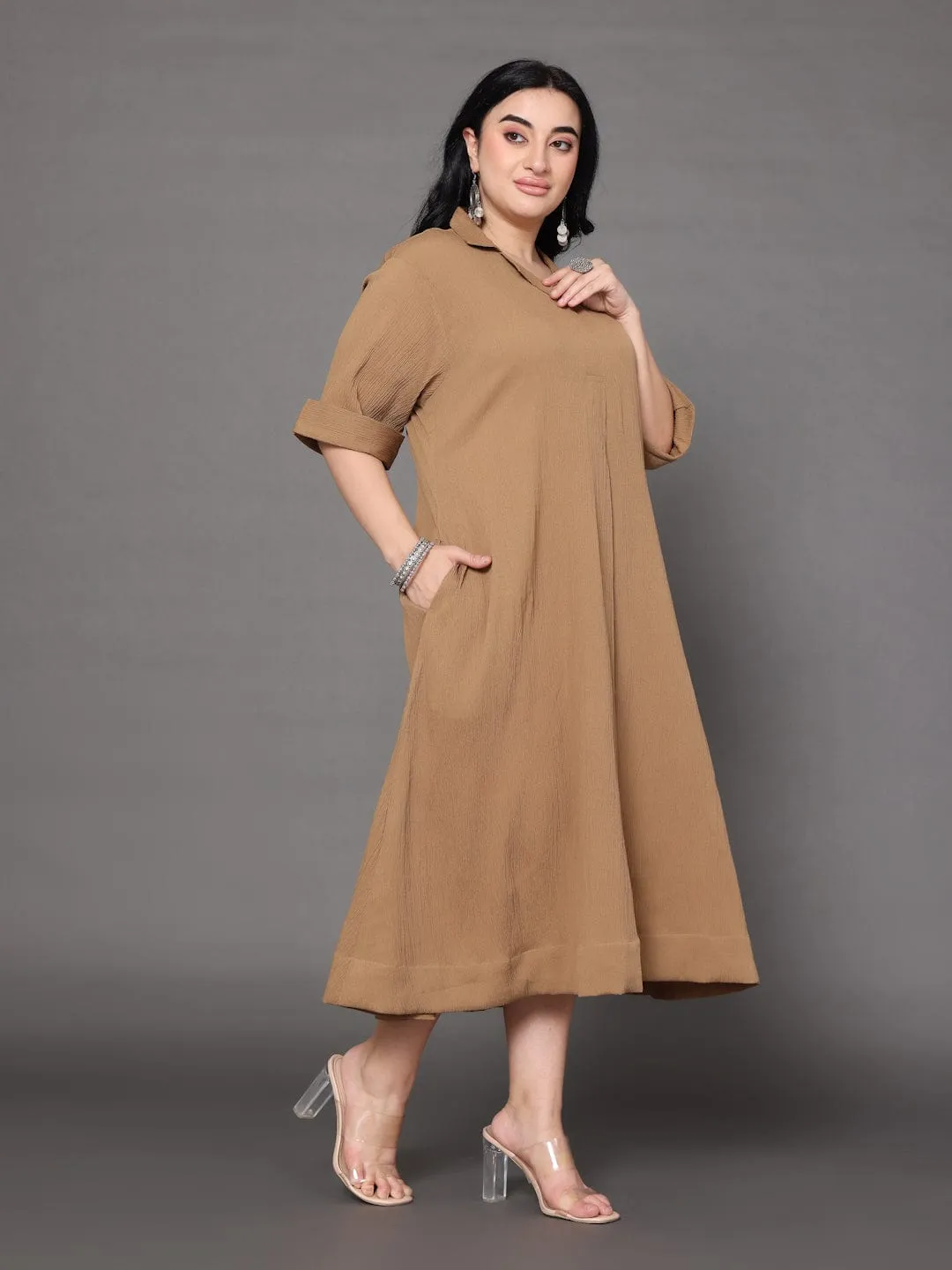 Varanga Women Plus Size Beige Shirt Collar A Line Dress