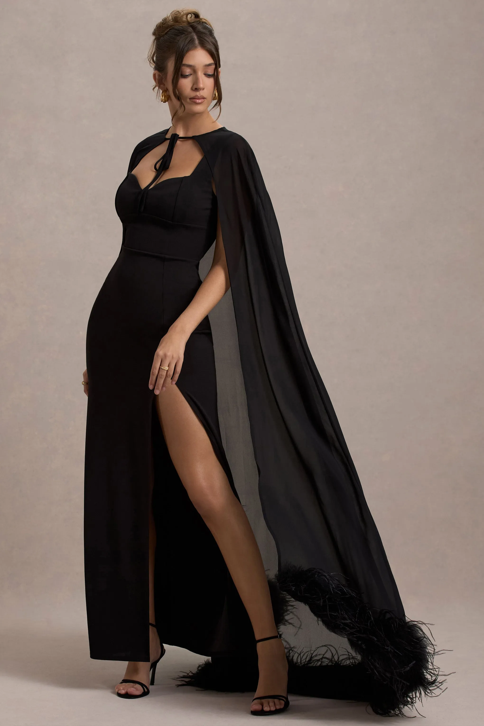 Veranna | Black Chiffon Cape with Fur Trim