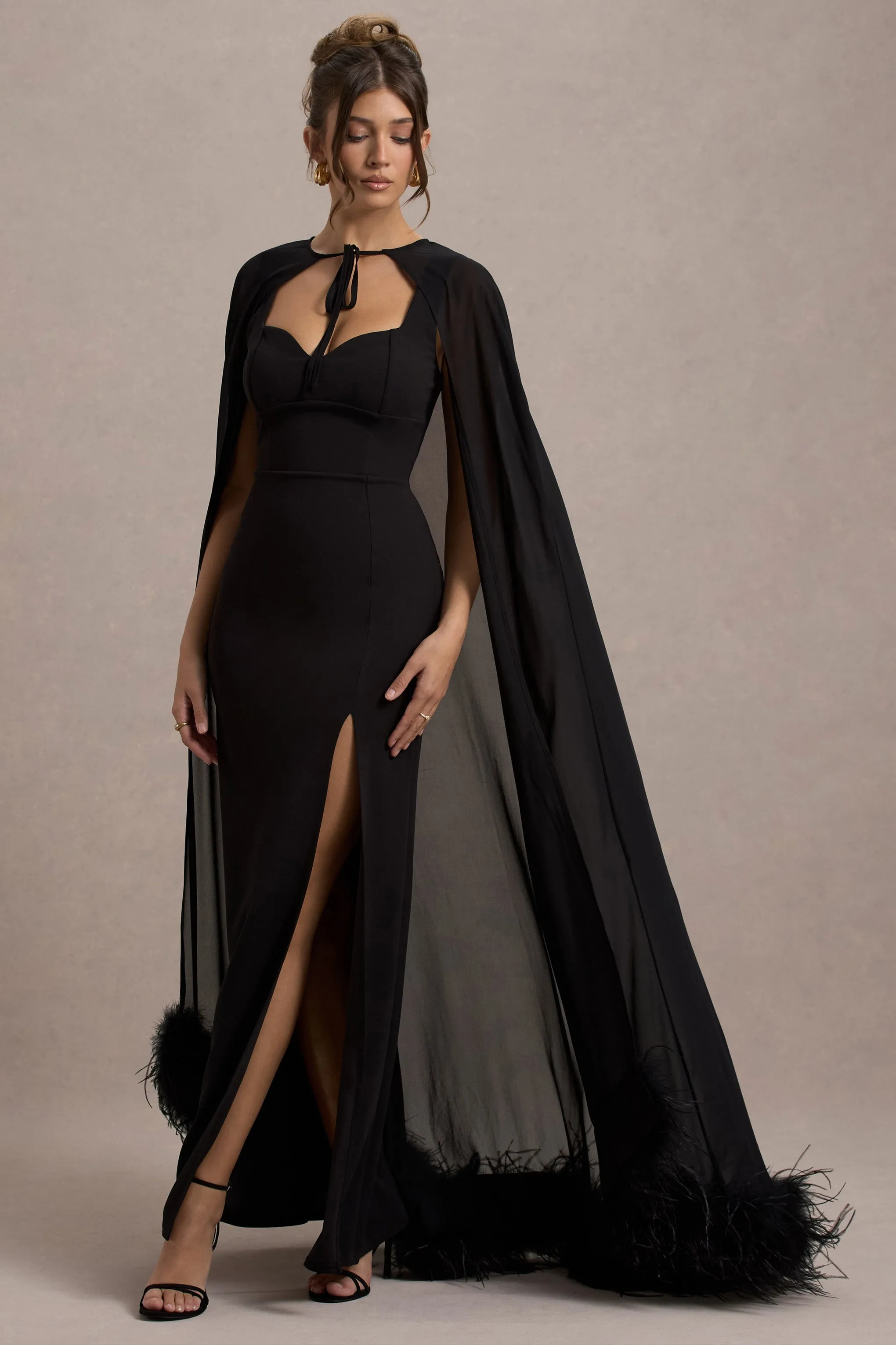 Veranna | Black Chiffon Cape with Fur Trim