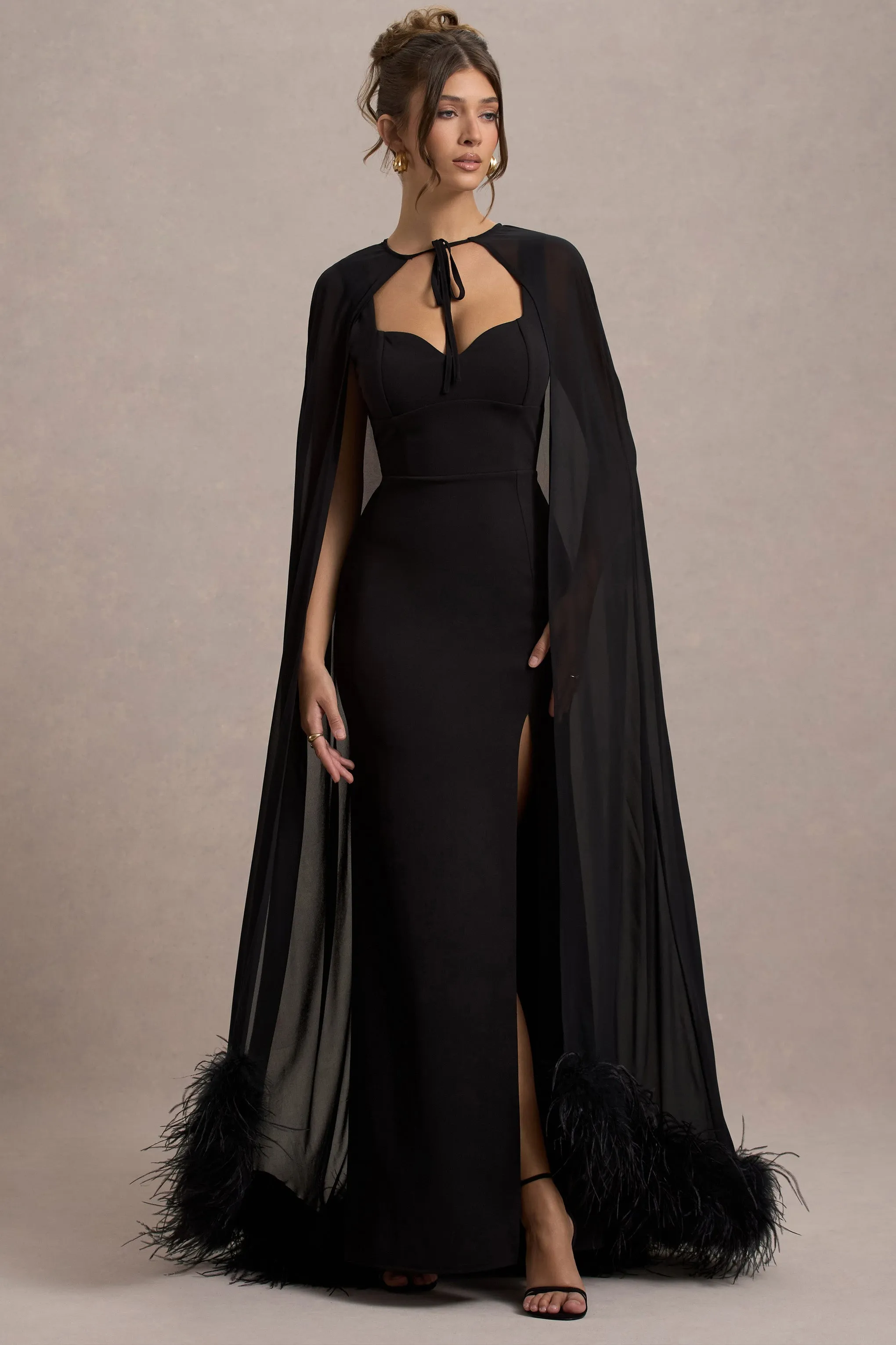 Veranna | Black Chiffon Cape with Fur Trim