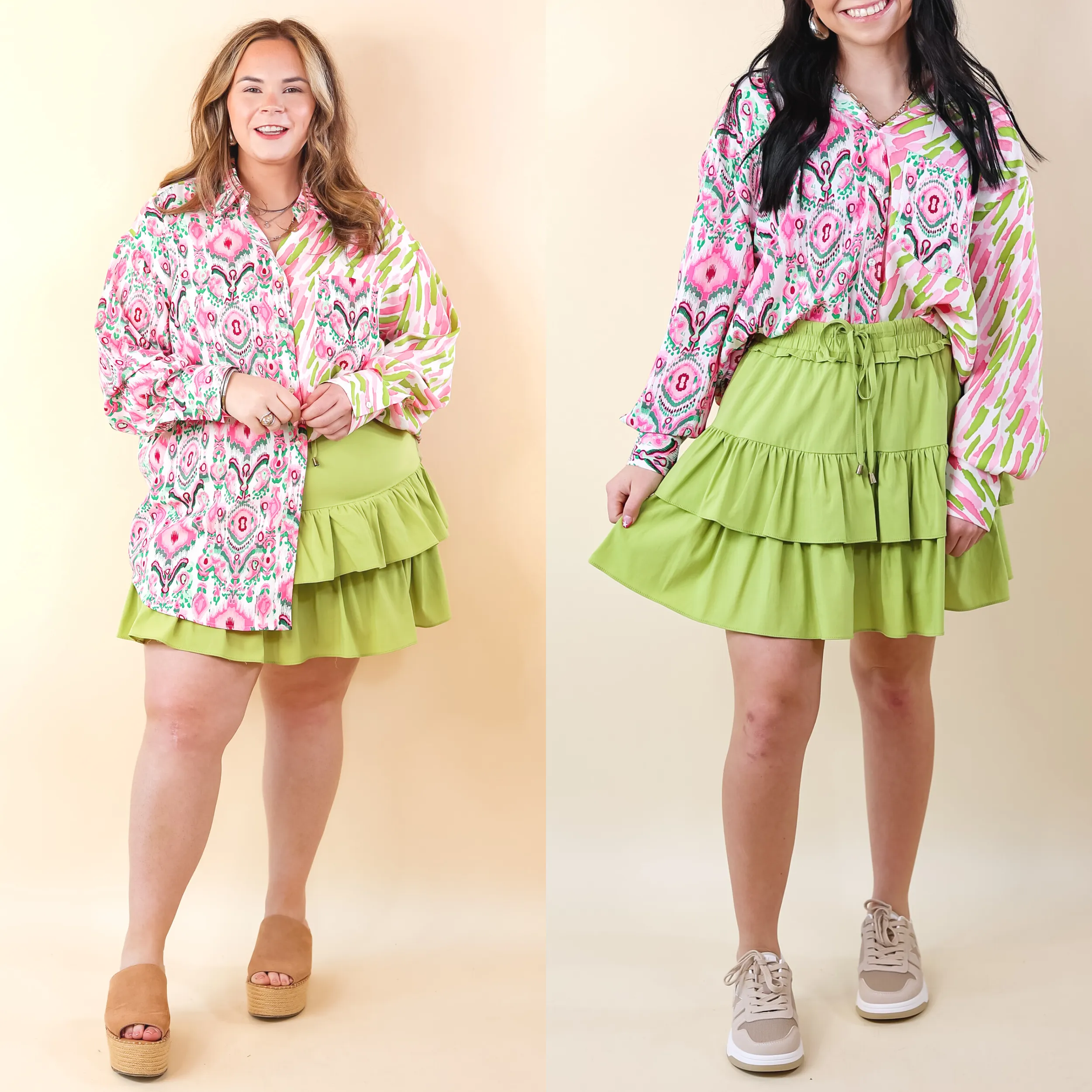 Vibrant Vibes Tiered Skort with Drawstring Waist in Green