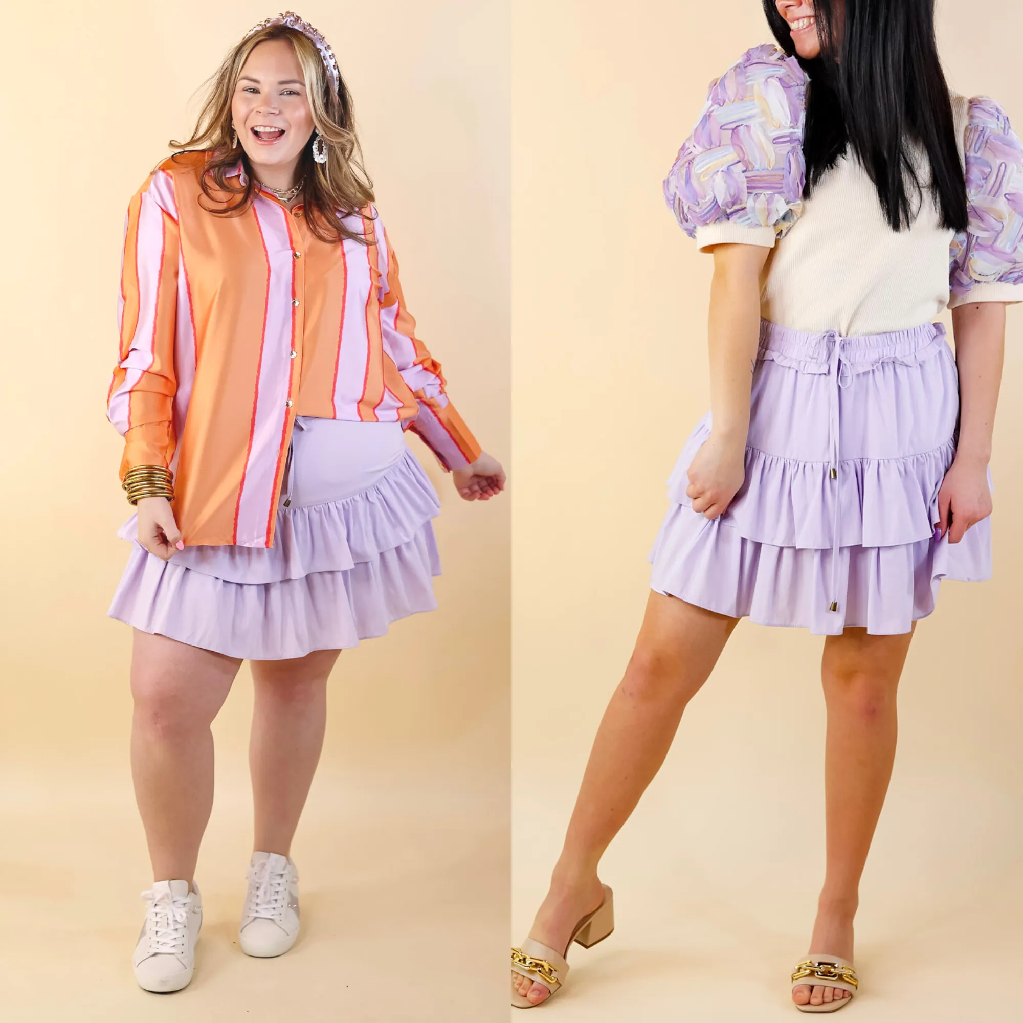 Vibrant Vibes Tiered Skort with Drawstring Waist in Lavender Purple