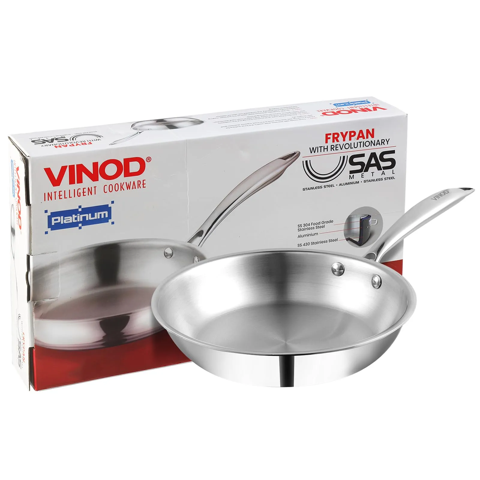 Vinod Platinum Triply Stainless Steel Frypan, 24cm, Silver