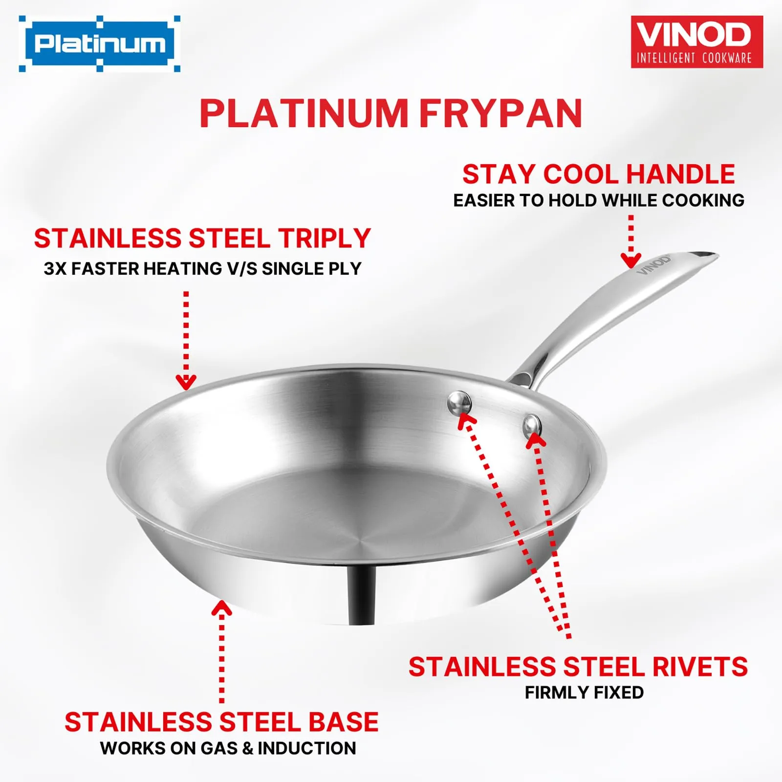 Vinod Platinum Triply Stainless Steel Frypan, 24cm, Silver