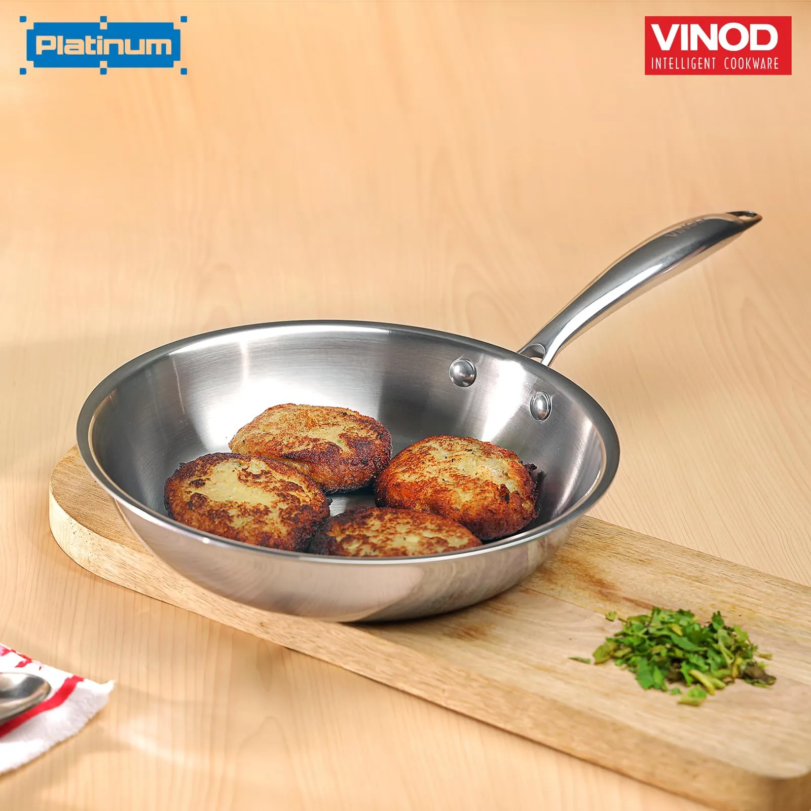 Vinod Platinum Triply Stainless Steel Frypan, 24cm, Silver