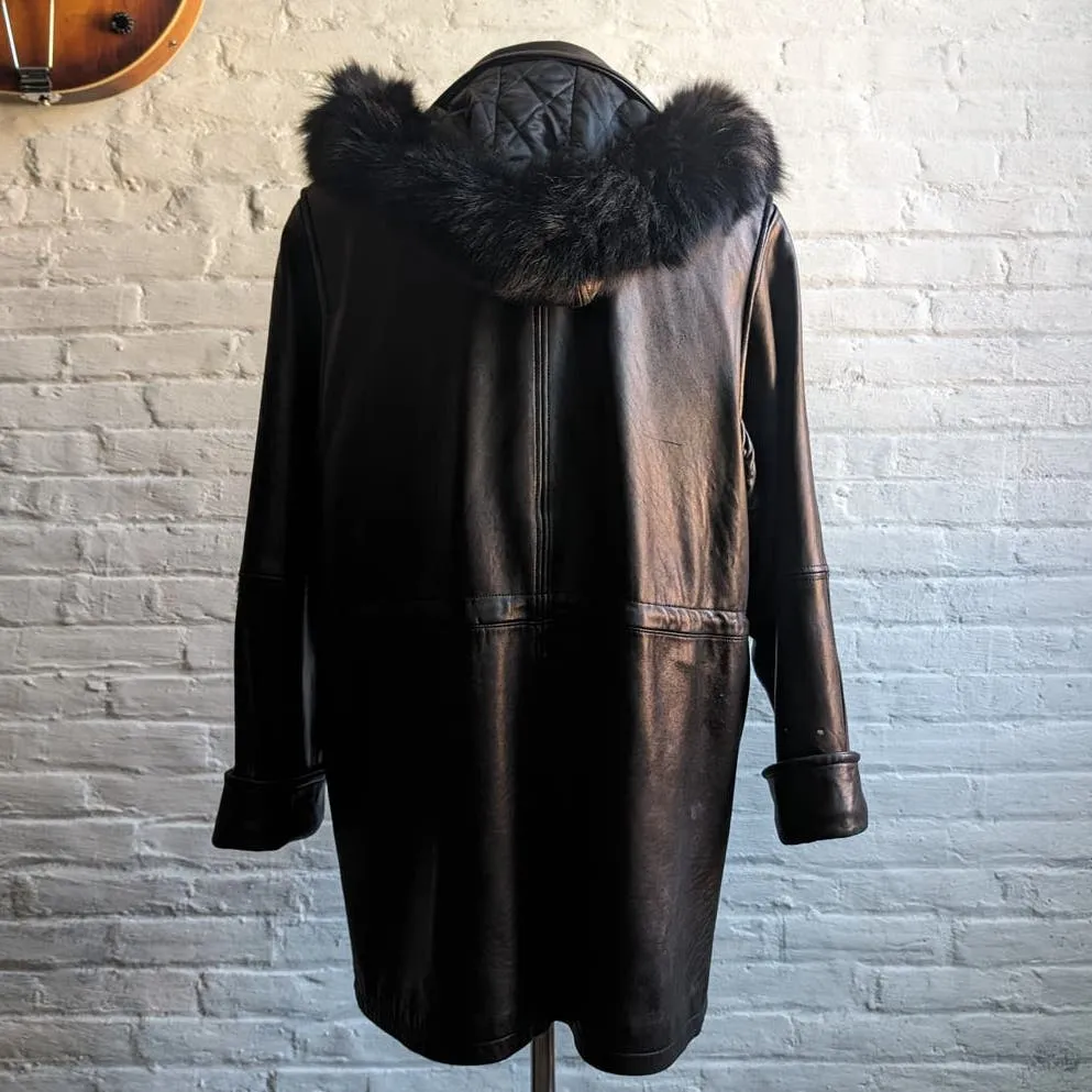 Vintage Black Leather Biker Fur Trench Coat Minimalist Penny Lane Duster Jacket