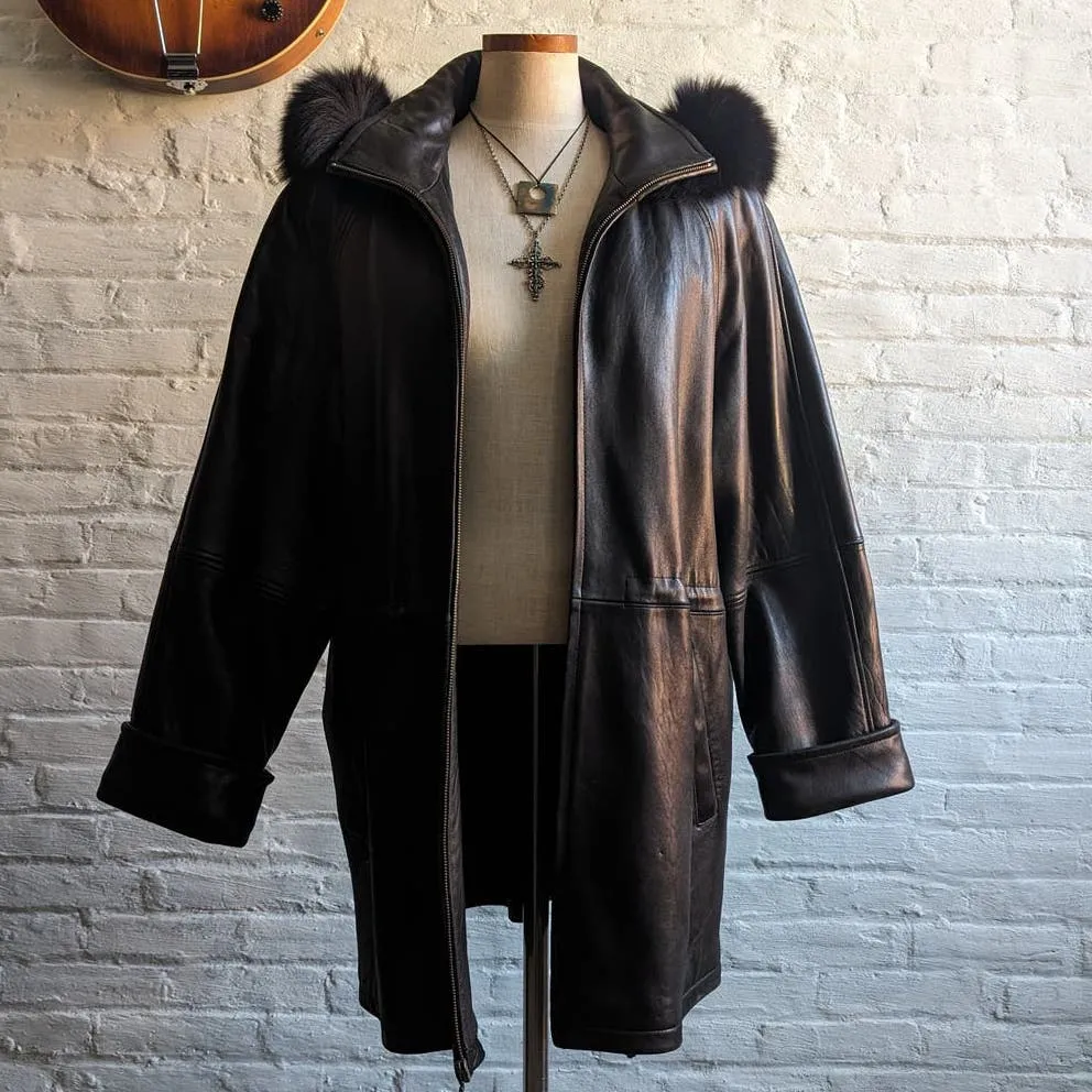 Vintage Black Leather Biker Fur Trench Coat Minimalist Penny Lane Duster Jacket