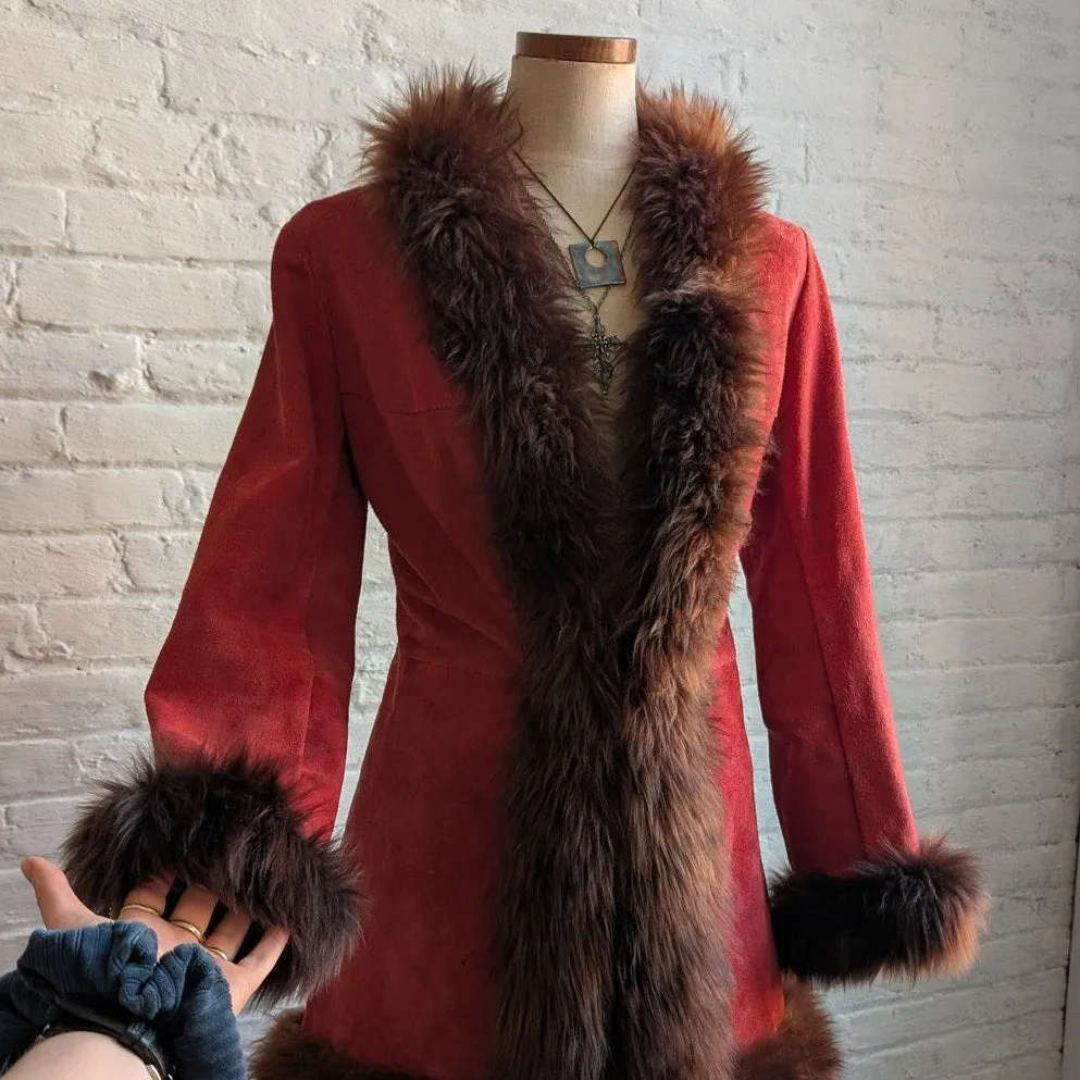 Vintage Red Suede Penny Lane Fur Jacket Furry Leather Groovy Vintage Trench Coat