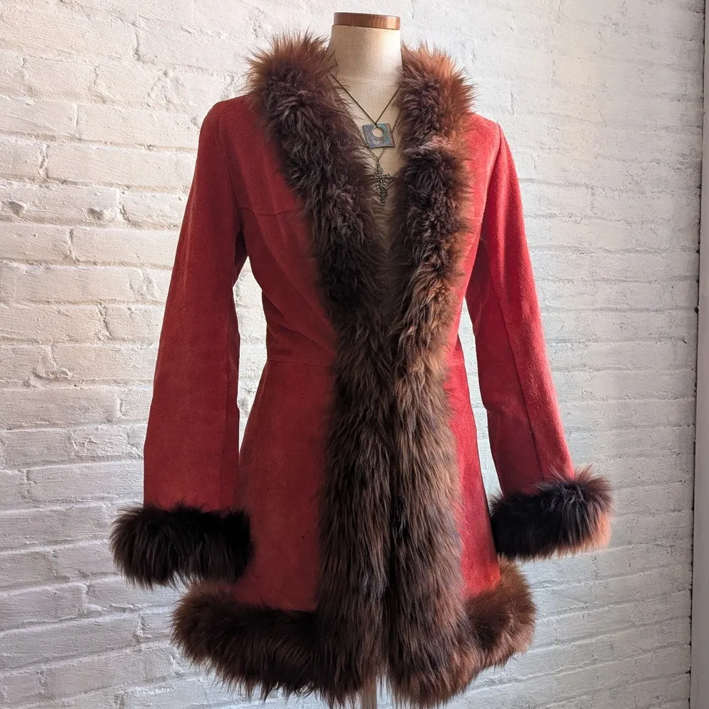 Vintage Red Suede Penny Lane Fur Jacket Furry Leather Groovy Vintage Trench Coat