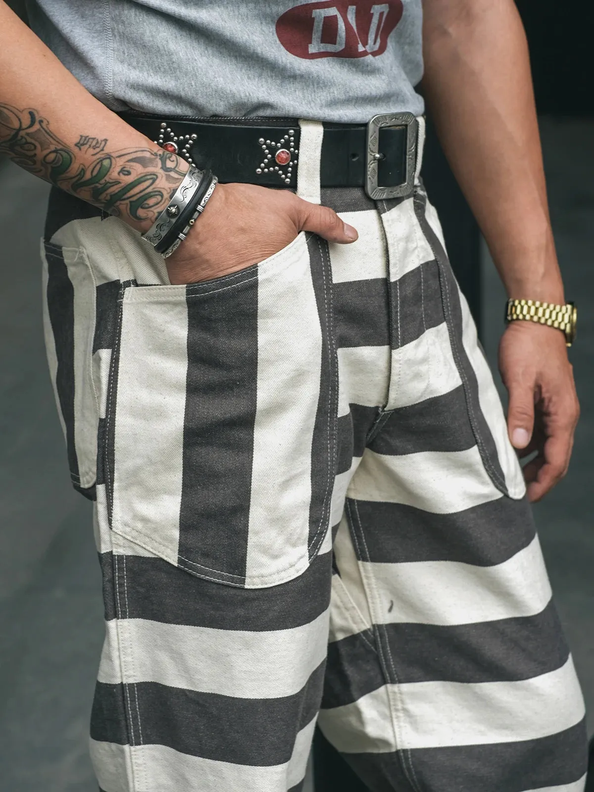 Vintage Style Prison Stripes Pants - Motorcycle Biker Casual Trouser