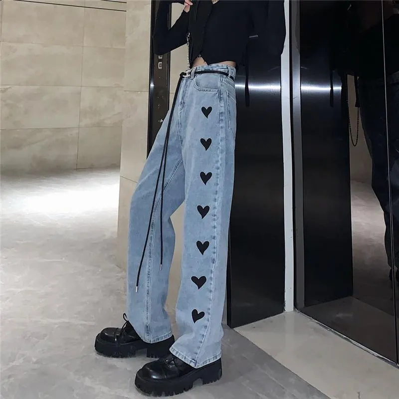 Washed Blue Hearts Pattern High Waist Denim Pants