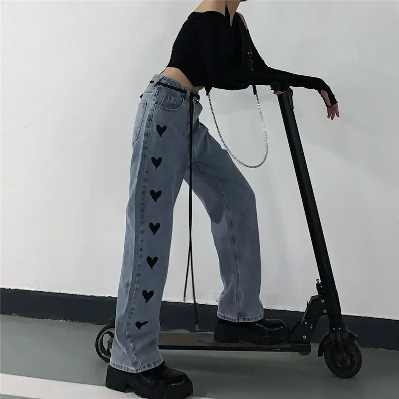 Washed Blue Hearts Pattern High Waist Denim Pants