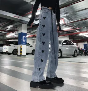 Washed Blue Hearts Pattern High Waist Denim Pants