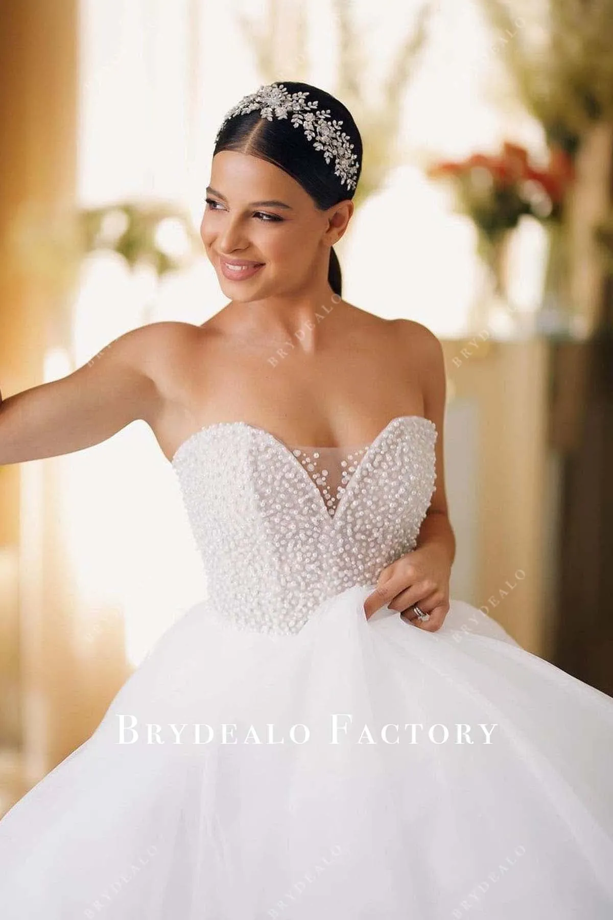 White Beaded Strapless Tulle Long Train Wedding Ballgown