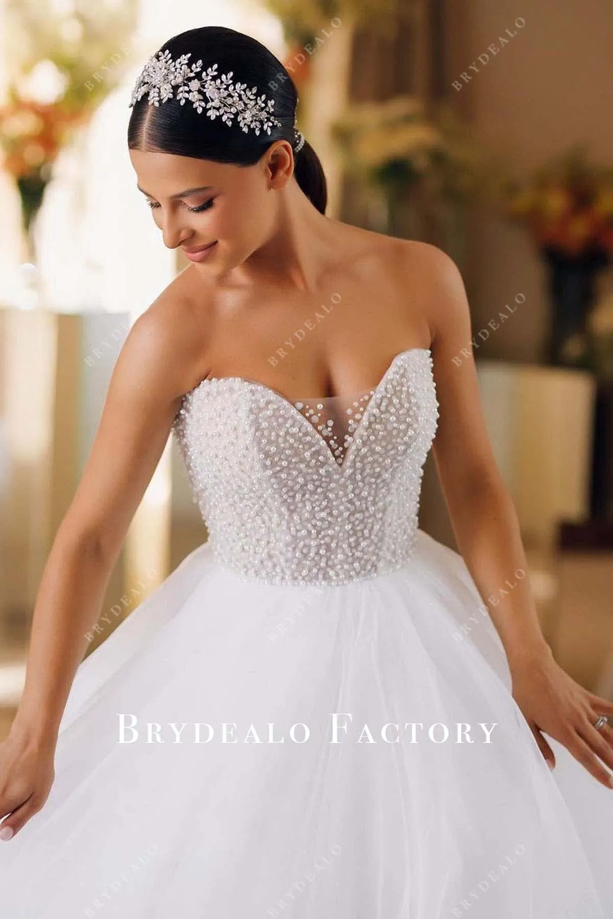 White Beaded Strapless Tulle Long Train Wedding Ballgown