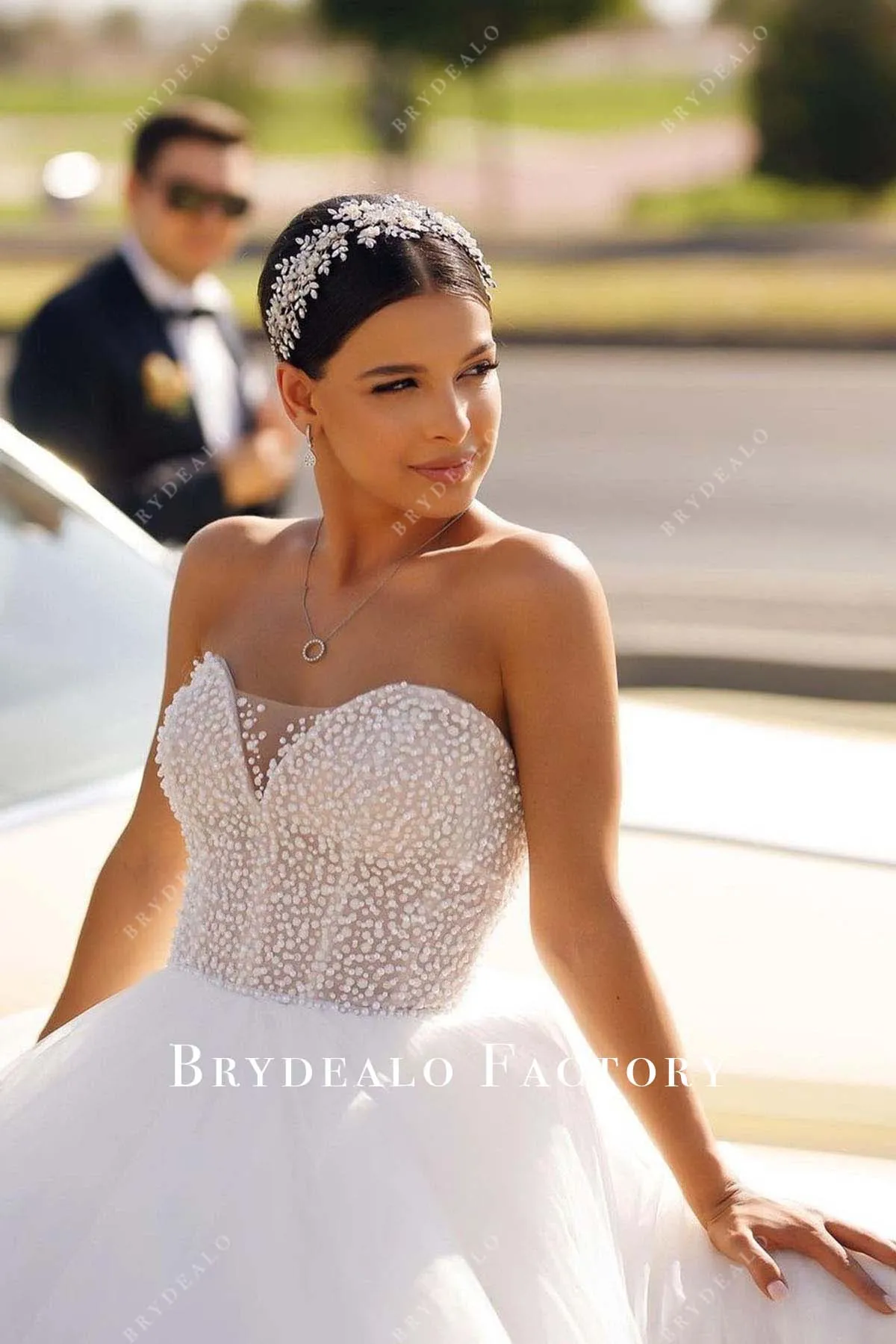 White Beaded Strapless Tulle Long Train Wedding Ballgown