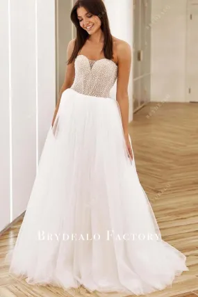 White Beaded Strapless Tulle Long Train Wedding Ballgown