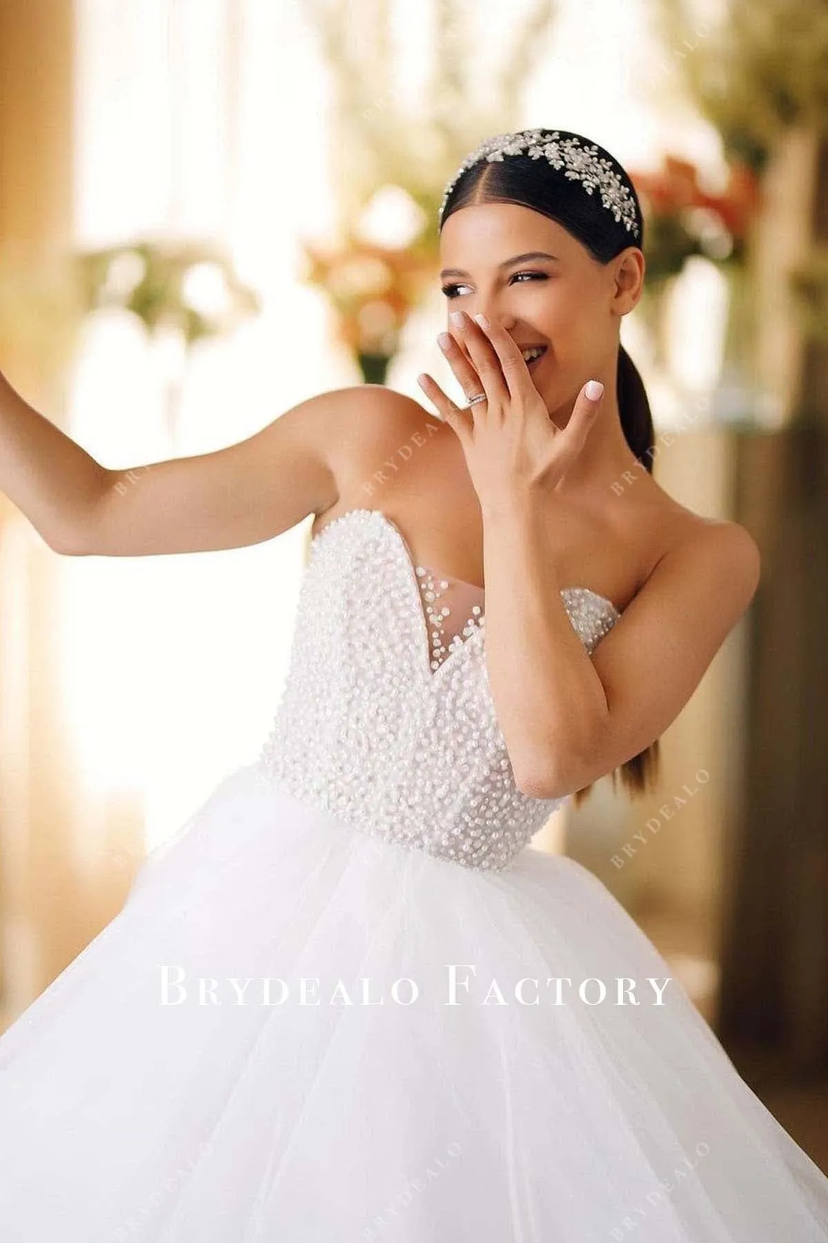 White Beaded Strapless Tulle Long Train Wedding Ballgown