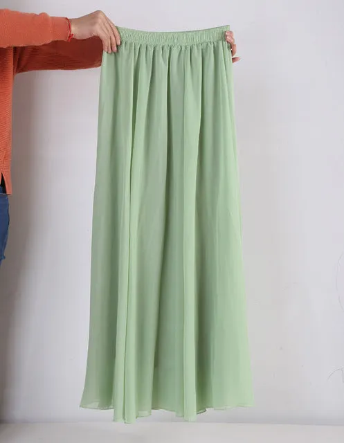 Wholesale Women Chiffon Long Skirts Candy Color Pleated Maxi Skirts  2017 Spring Summer Skirts saia feminina Solid Faldas