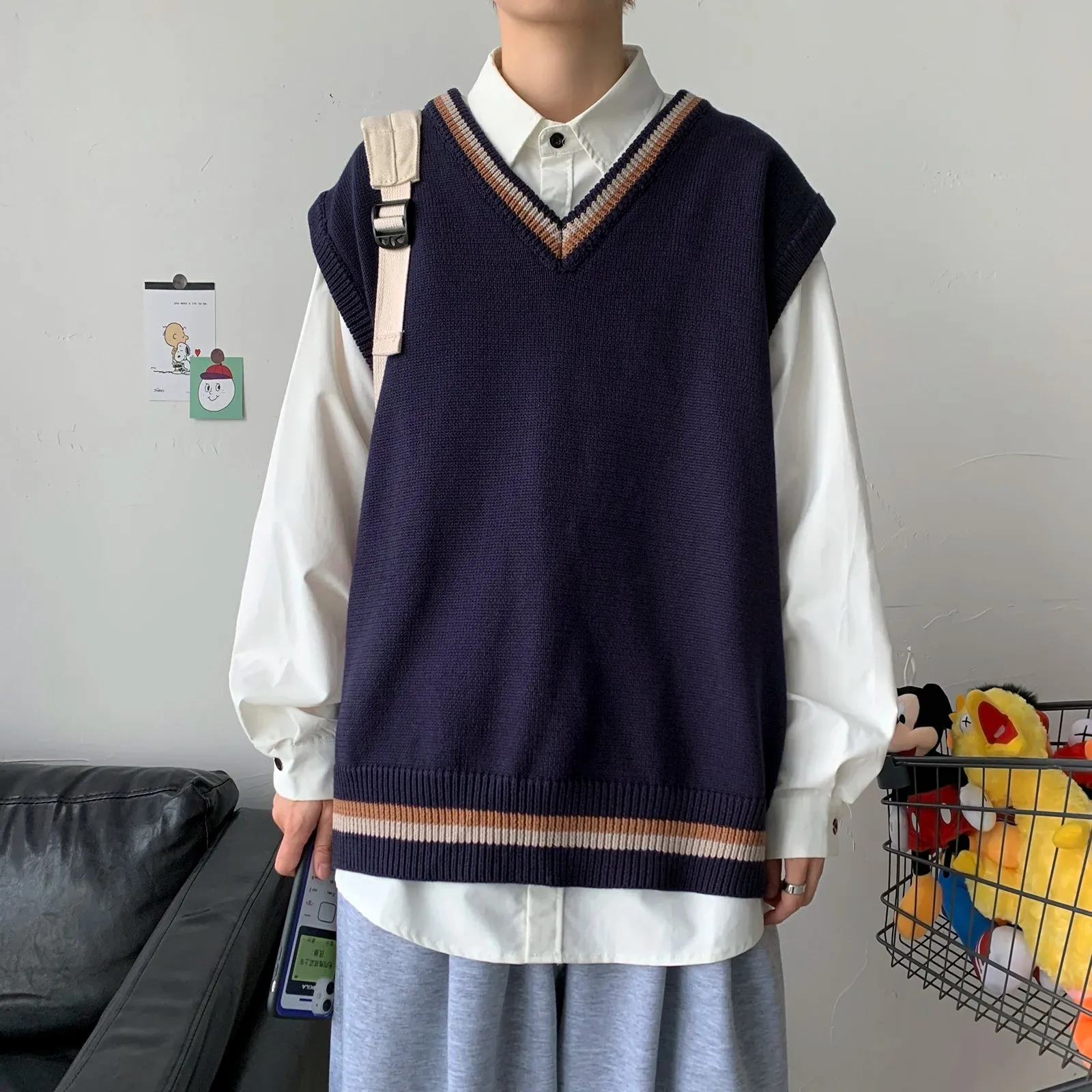 Wiaofellas  -   men's autumn and winter Hong Kong style knitted cardigan V-neck sweater vest vest couple JKDK college style uniform