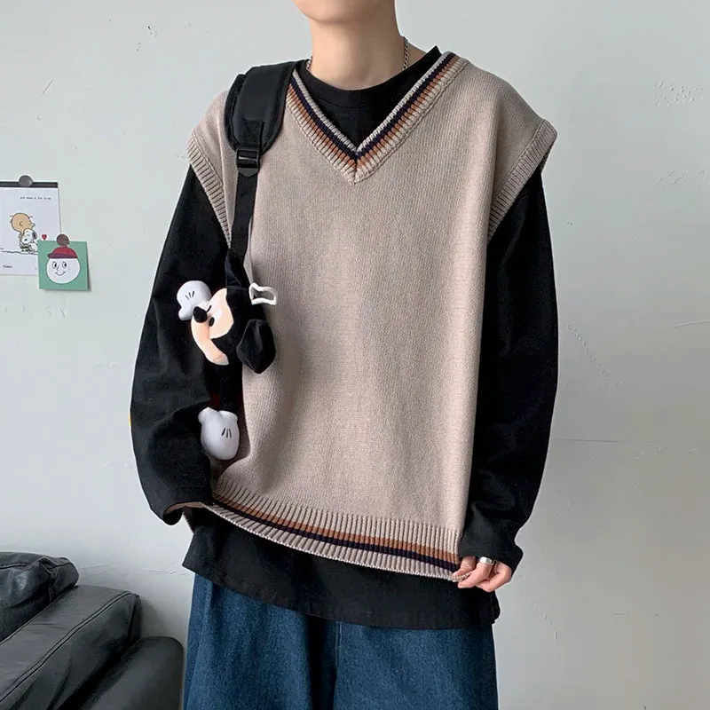 Wiaofellas  -   men's autumn and winter Hong Kong style knitted cardigan V-neck sweater vest vest couple JKDK college style uniform