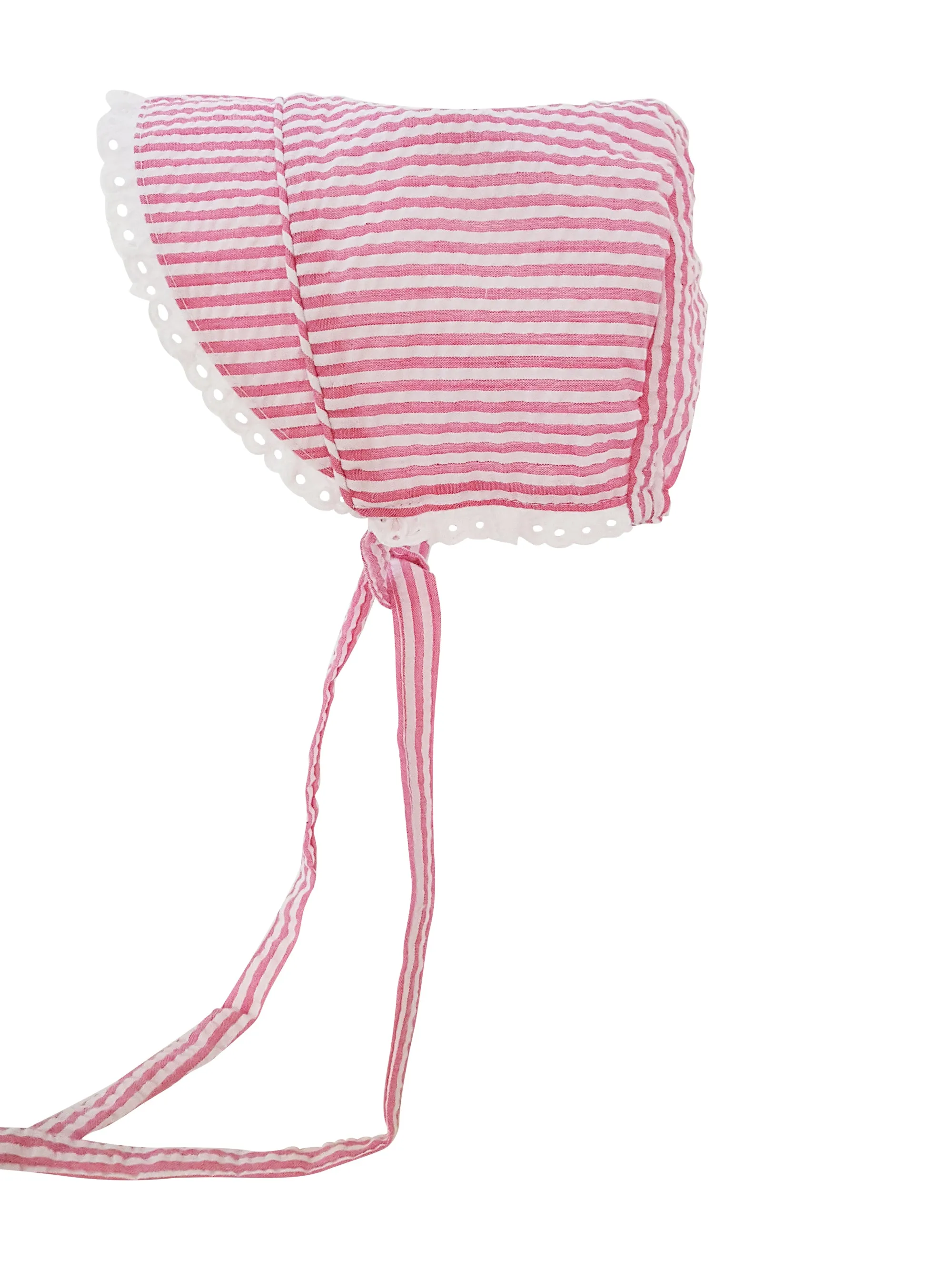 Wide Stripe Pink and White Seersucker Girl's Bonnet with Eyelet Trim Baby Bonnet - Monogram Optional Infant Hat Newborn Baby Sun Hat