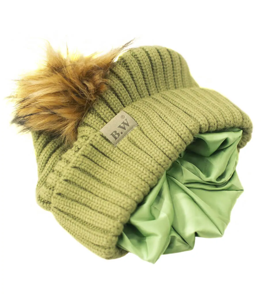 Winter Hat | Satin Lined | Natural Hair | Extra Large Olive Pom Pom